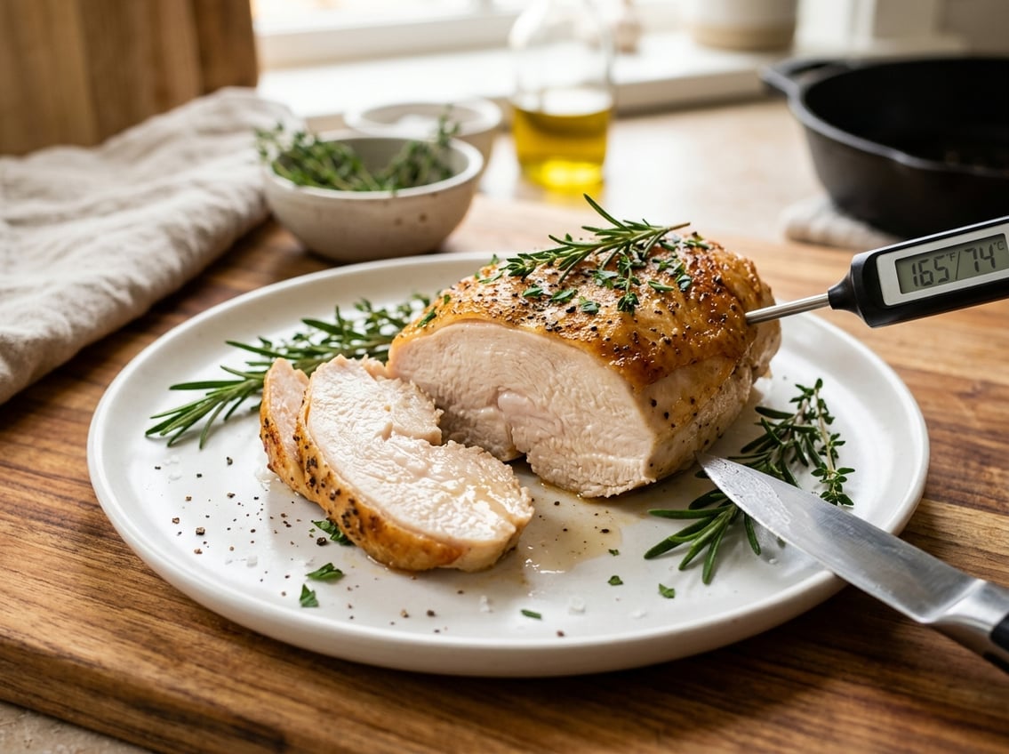 A sliced cooked chicken breast on a white plate garnished with fresh herbs, with a meat thermometer and kitchen utensils nearby.
