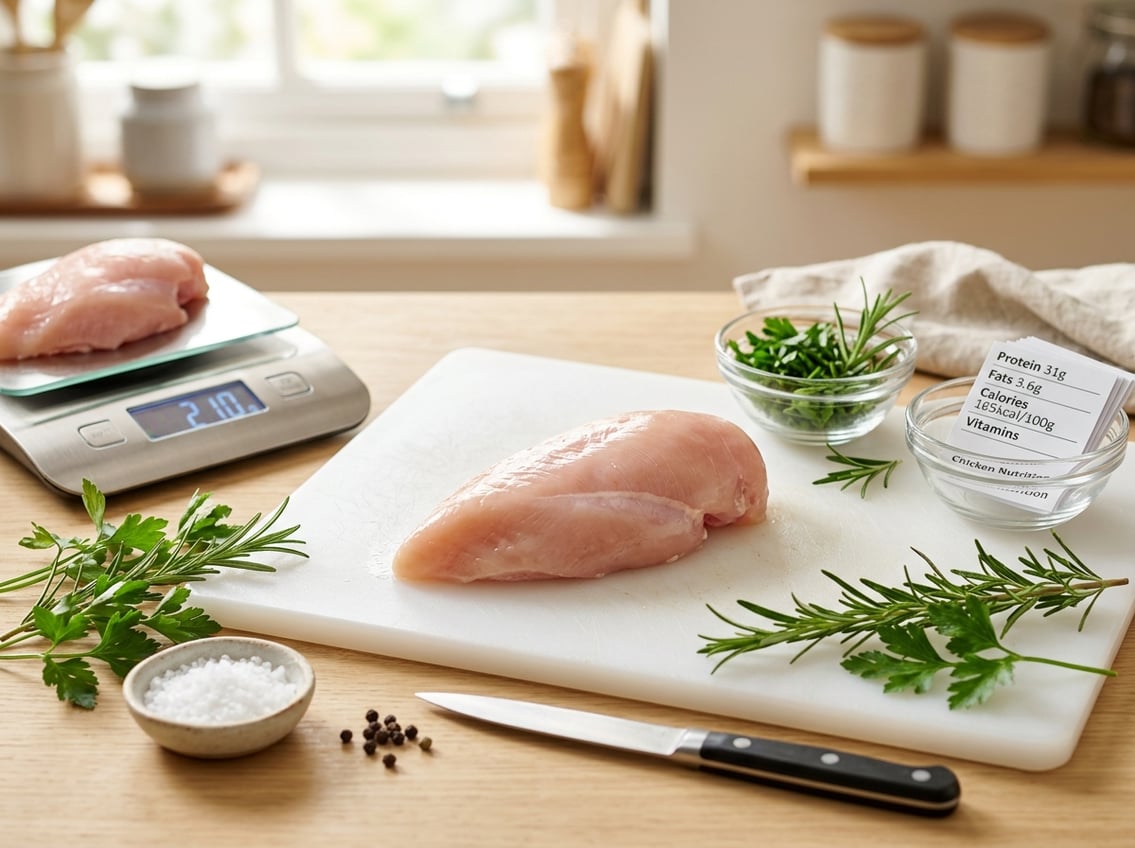 Fresh raw chicken breast on a white cutting board with herbs and kitchen scale in a bright kitchen.