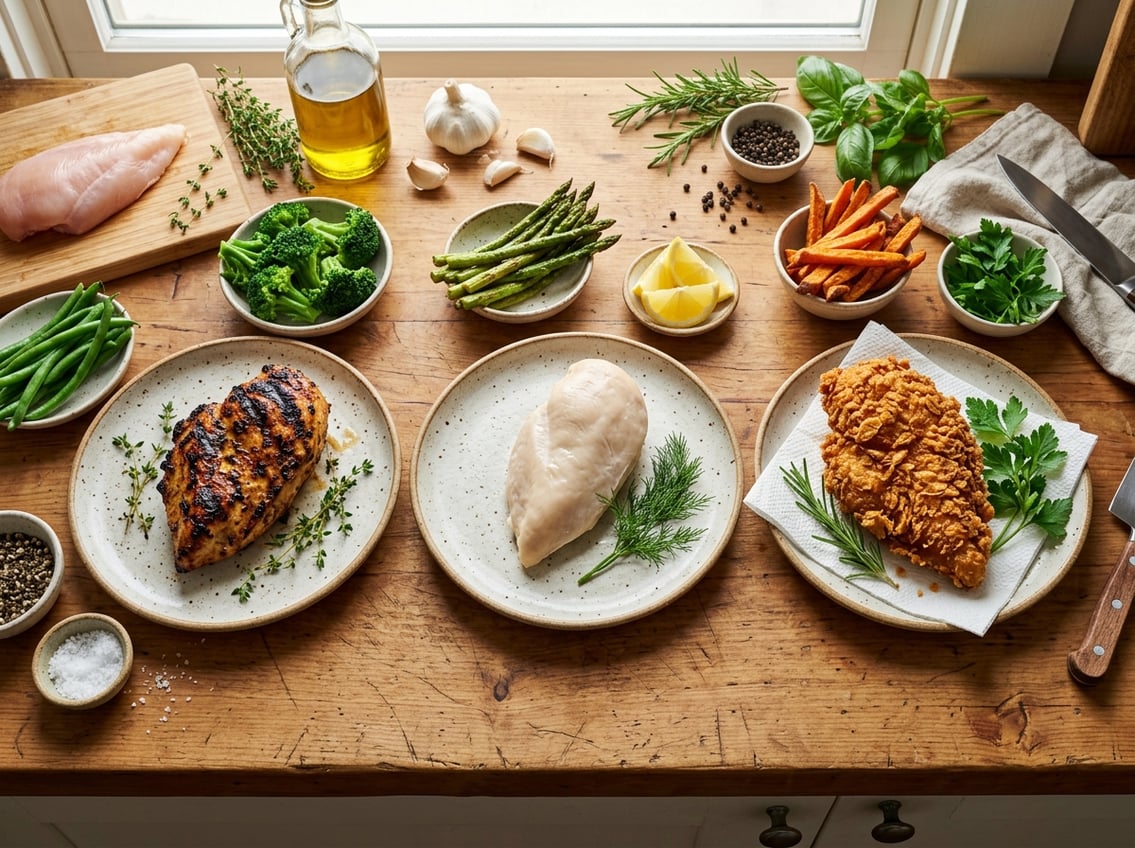 Three plates of chicken breast cooked by grilling, boiling, and frying, displayed on a kitchen countertop with fresh ingredients nearby.