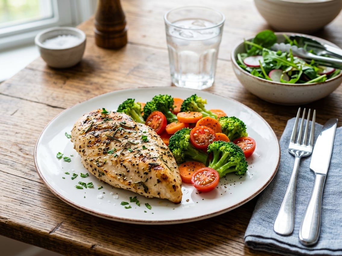 A cooked chicken breast served with steamed vegetables on a plate on a wooden table.