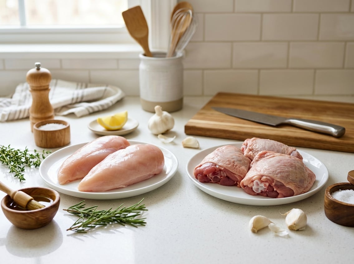 Fresh raw chicken breasts and thighs on separate plates on a kitchen countertop with herbs and cooking ingredients around them.