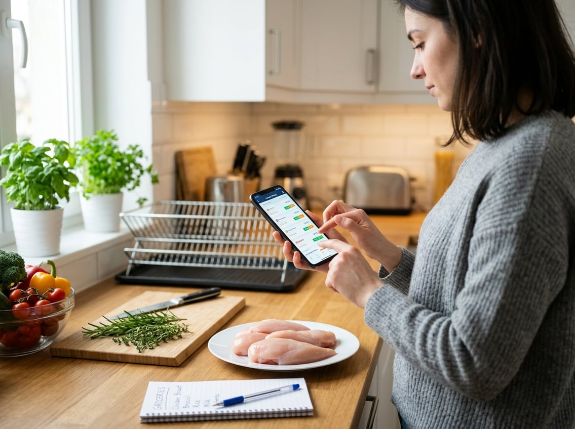 Person using a smartphone in a kitchen to compare prices while fresh chicken breasts are on the counter.