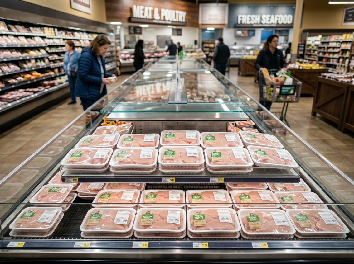 Fresh packaged chicken breasts displayed in a grocery store meat section with shoppers in the background.
