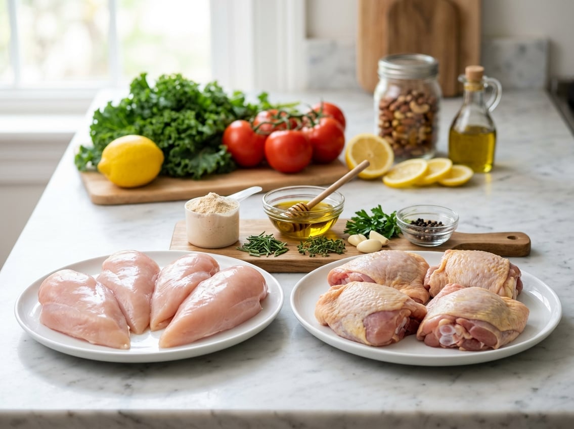 Two plates on a kitchen countertop, one with raw chicken breasts and the other with raw chicken thighs, surrounded by small bowls of nutritional ingredients and fresh vegetables.