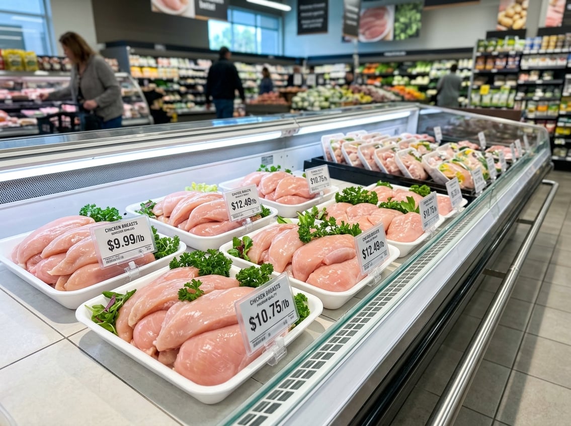 Fresh chicken breasts displayed on white trays in a supermarket meat section with bright lighting and a clean store background.