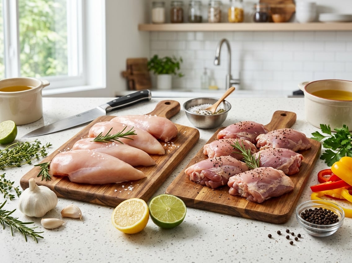 Raw chicken breasts and thighs arranged on wooden cutting boards with fresh herbs and vegetables in a bright kitchen.