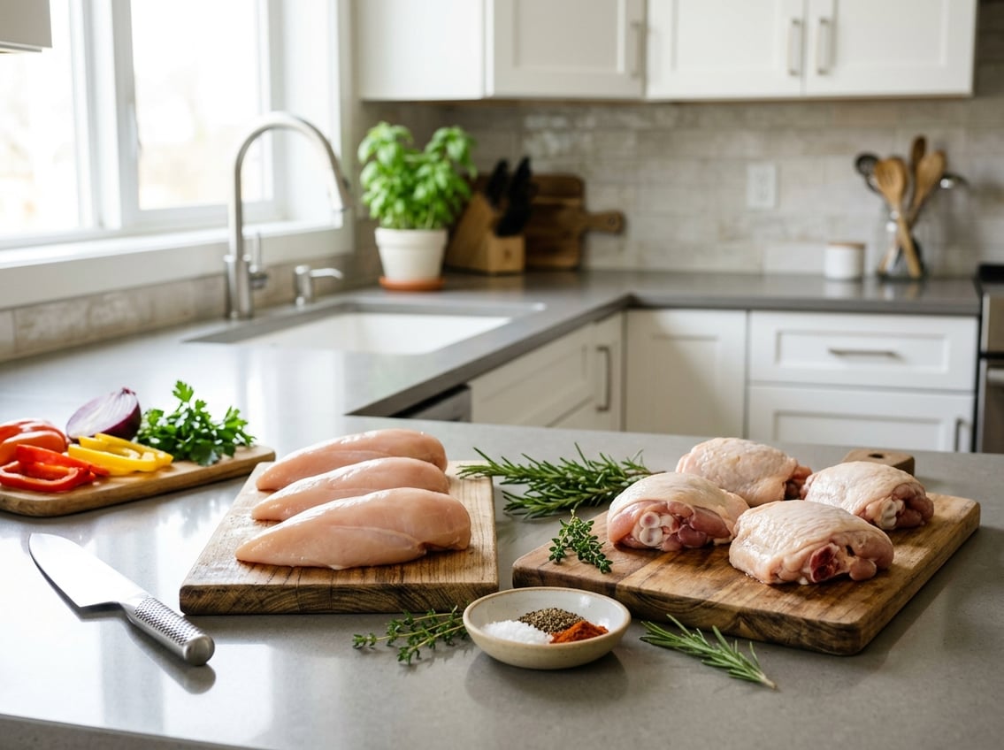 A kitchen countertop with raw chicken breasts and thighs on separate cutting boards surrounded by herbs, spices, and vegetables.