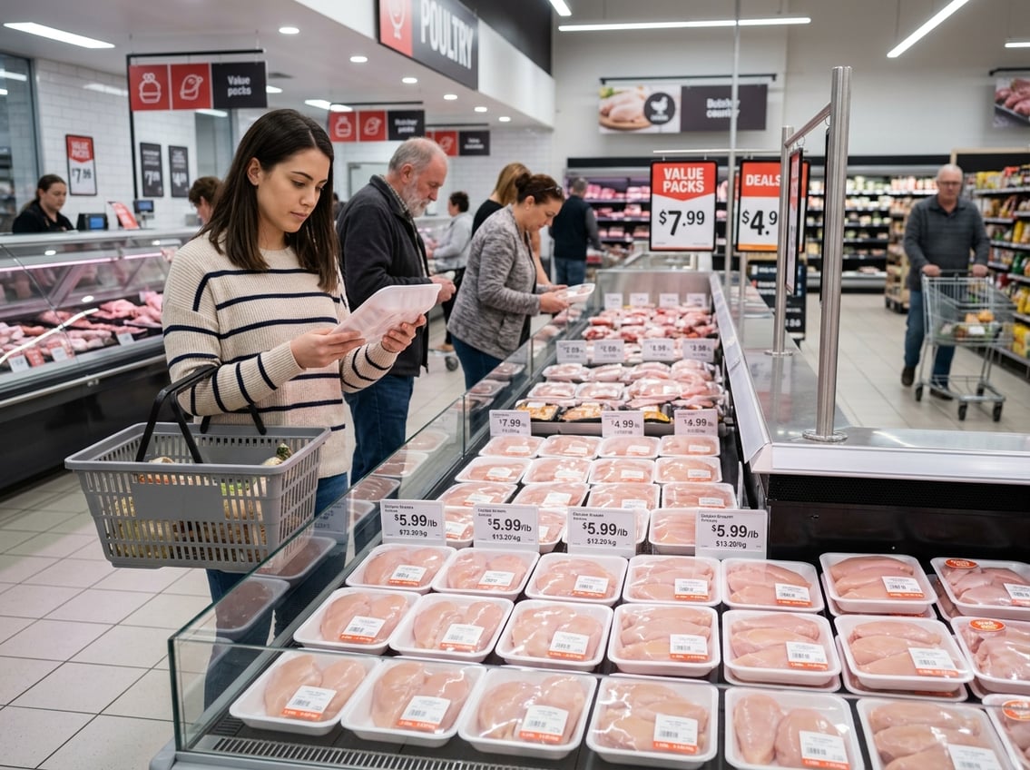 Shoppers examining fresh chicken breasts in a clean grocery store meat section with clear pricing labels.
