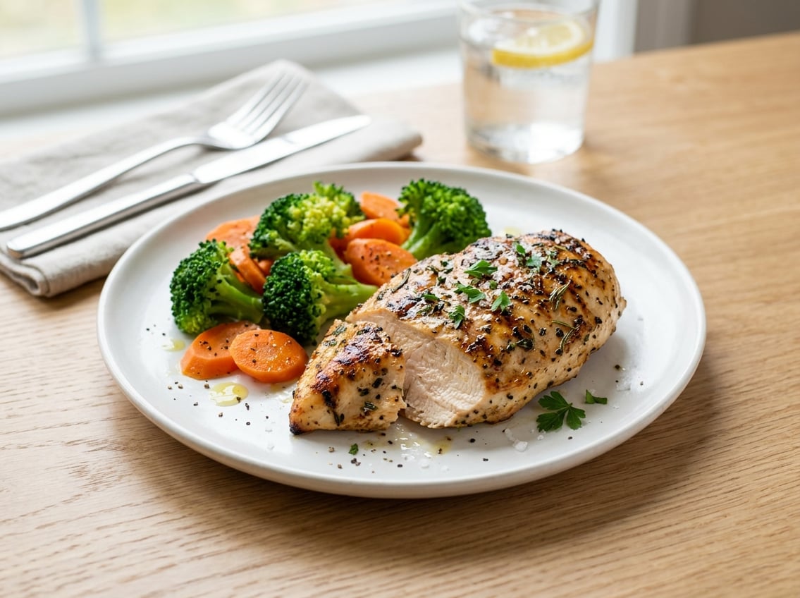 A cooked chicken breast served on a white plate with steamed vegetables on a wooden table.
