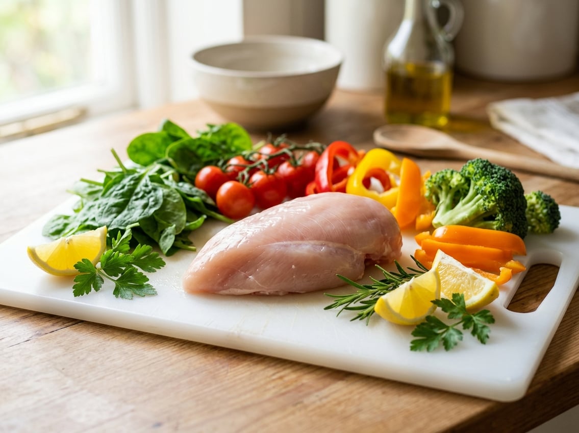 A raw chicken breast on a white cutting board surrounded by fresh vegetables and herbs.