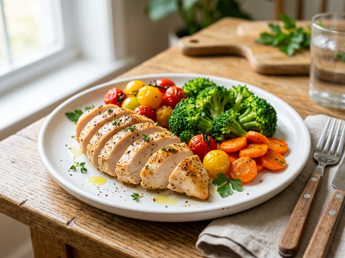 A sliced cooked chicken breast on a white plate with steamed broccoli, cherry tomatoes, and carrots on a bright kitchen table.