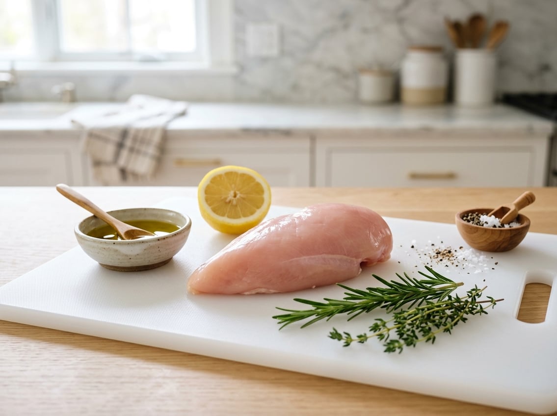 A raw chicken breast on a white cutting board surrounded by olive oil, fresh herbs, lemon halves, sea salt, and black pepper.