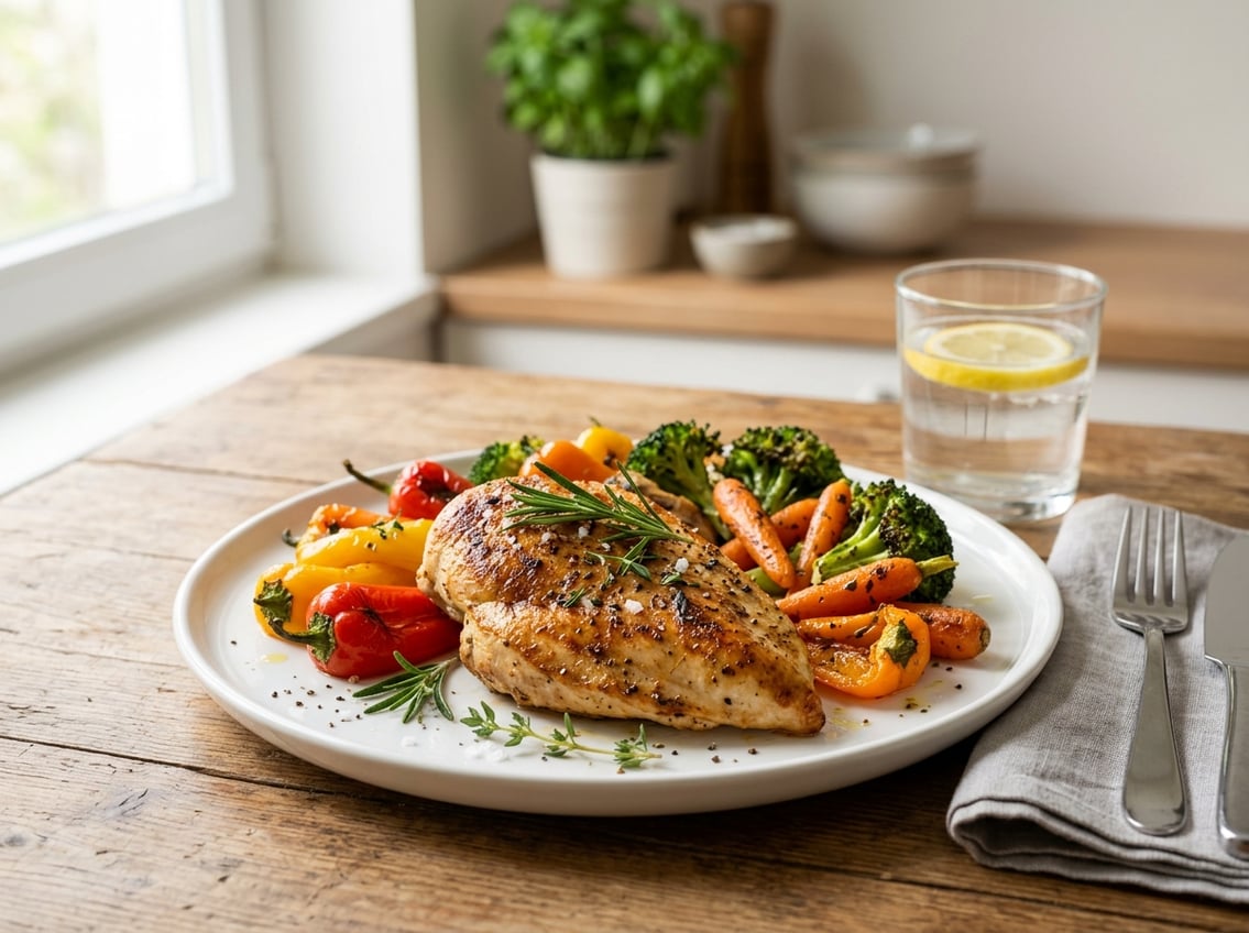 A plate with two cooked chicken breasts and roasted vegetables on a kitchen table.