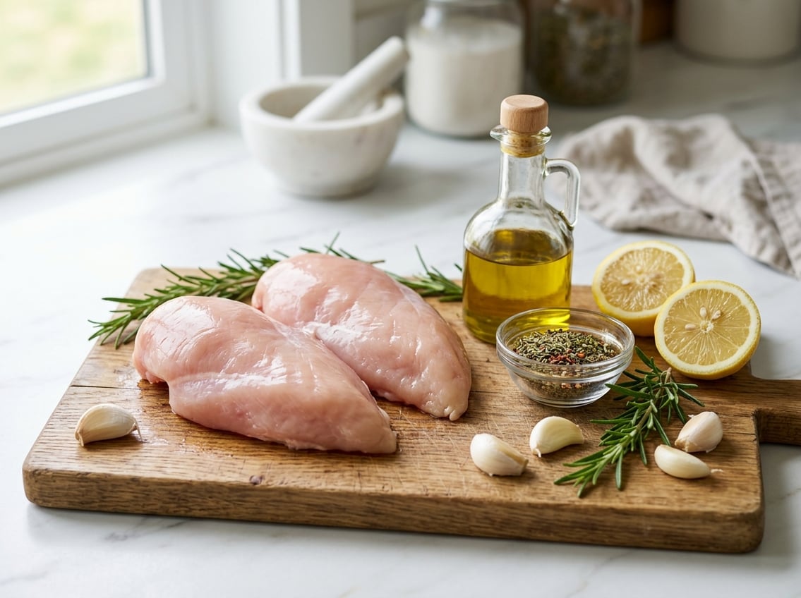 Two raw chicken breasts on a wooden cutting board surrounded by fresh herbs, garlic, lemon, and olive oil on a kitchen countertop.