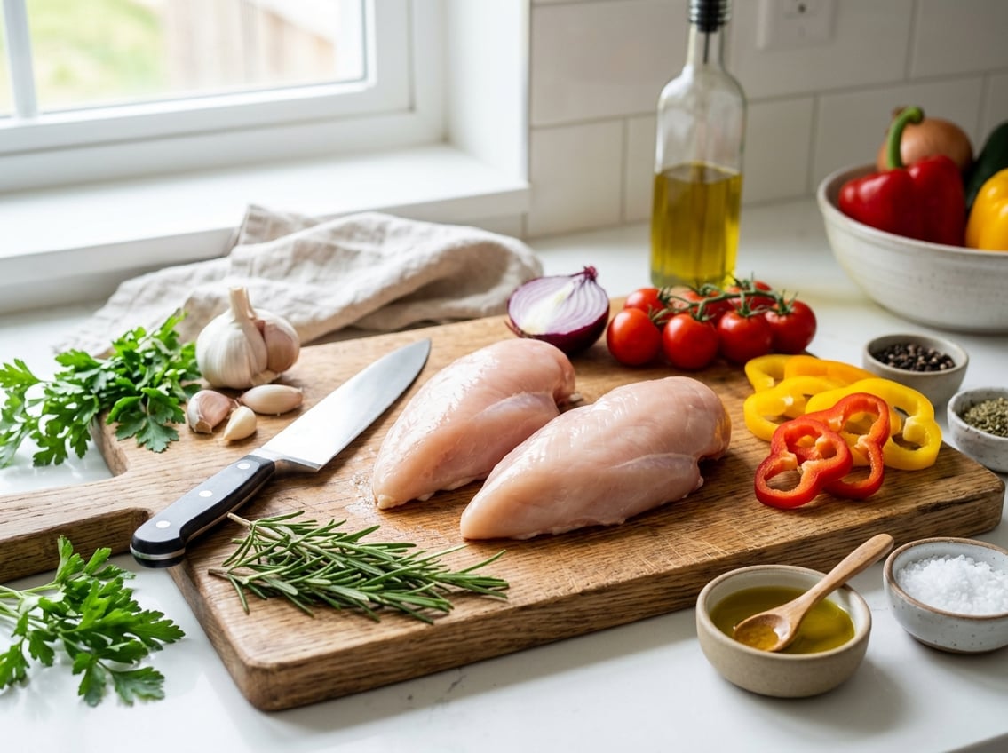 Two raw chicken breasts on a wooden cutting board surrounded by fresh vegetables and herbs in a kitchen setting.