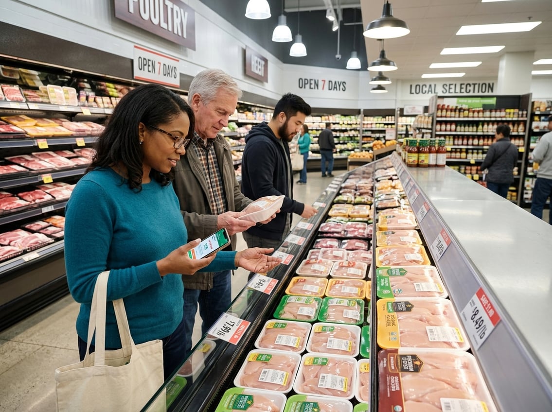 Shoppers examining packaged chicken breasts and comparing prices in a supermarket meat section.