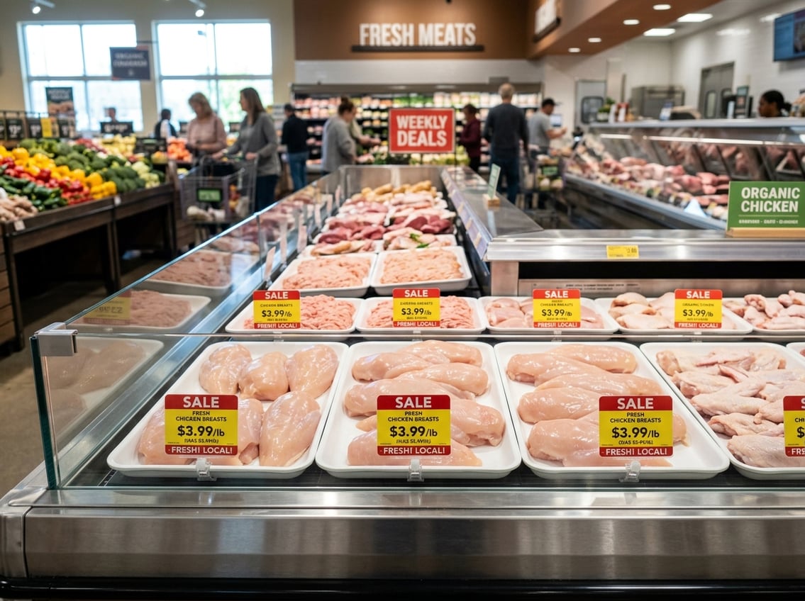 Fresh chicken breasts displayed on trays with sale price tags in a grocery store meat section.