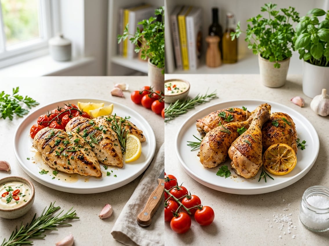 Two plates on a kitchen countertop, one with grilled chicken breasts and the other with roasted chicken legs, surrounded by fresh herbs and ingredients.
