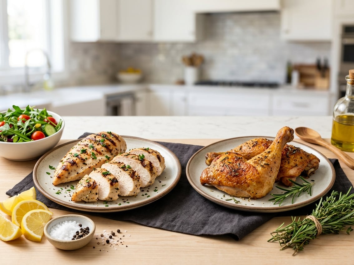 Two plates on a kitchen countertop, one with grilled chicken breasts and the other with roasted chicken legs, surrounded by fresh herbs and lemon wedges.