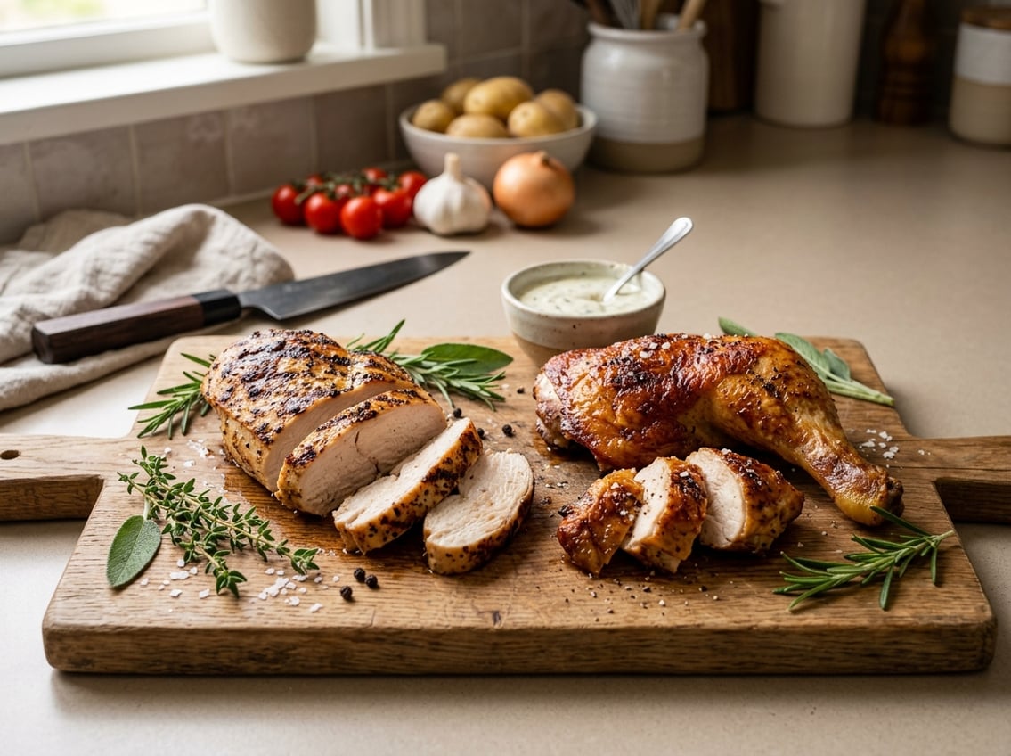 A cutting board with a sliced cooked chicken breast and a roasted chicken leg, surrounded by fresh herbs and kitchen utensils.