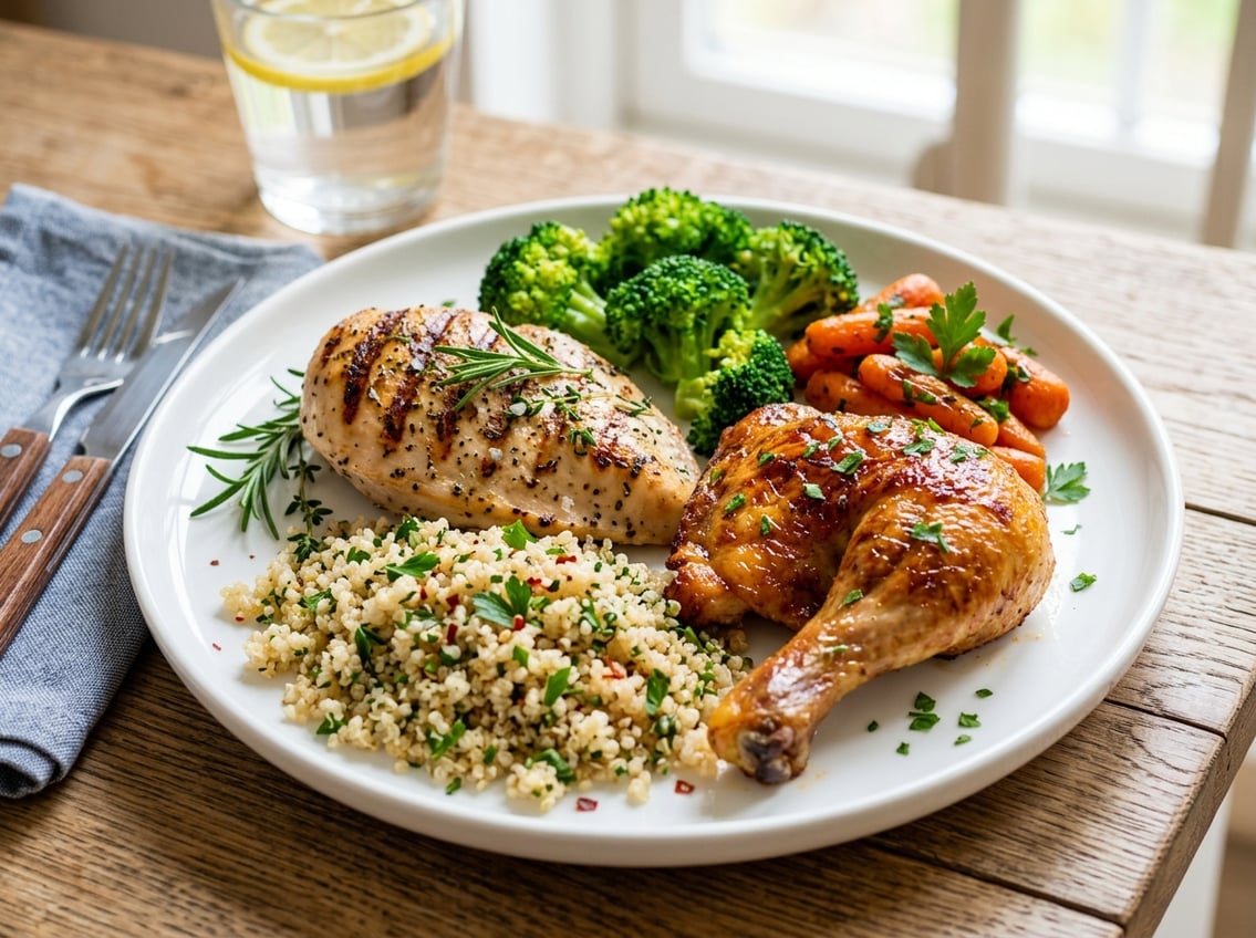 Plate with grilled chicken breast and roasted chicken leg served with vegetables and grains on a white plate.