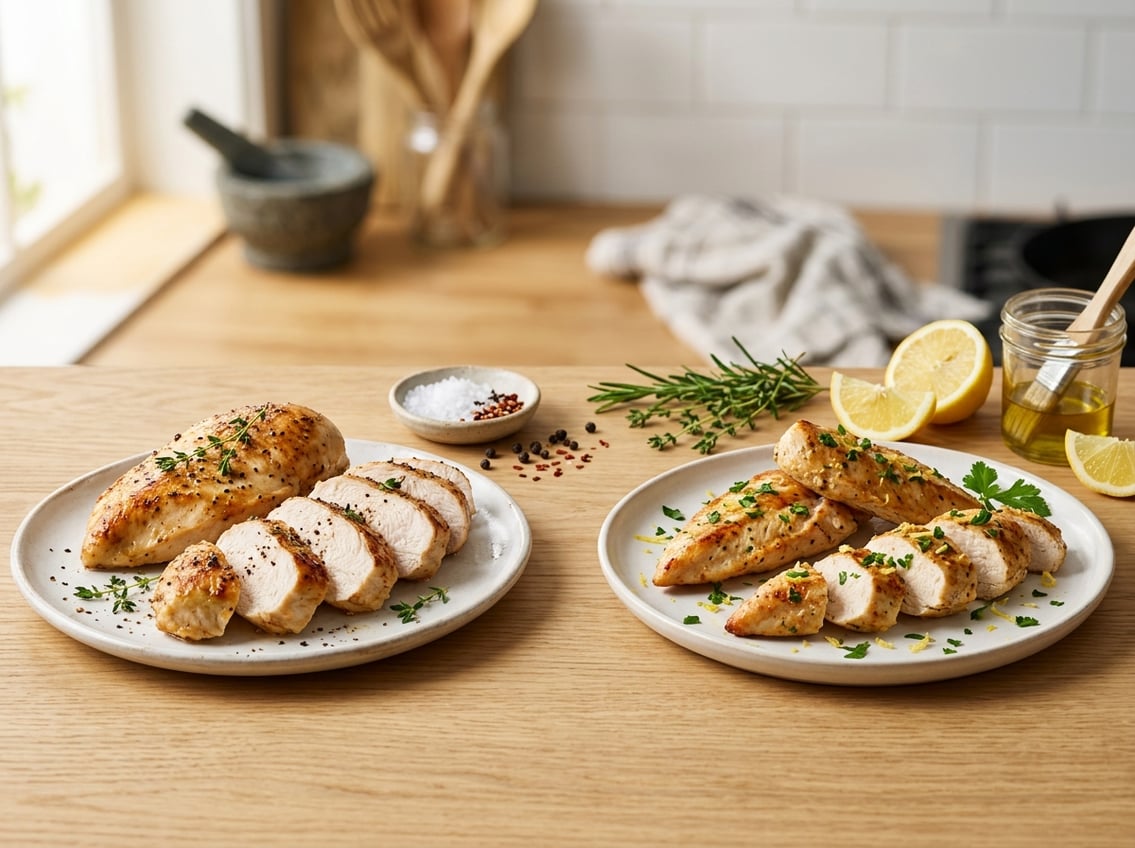 Two plates on a kitchen countertop showing sliced cooked chicken breast and chicken tenderloin with fresh herbs and lemon slices around them.
