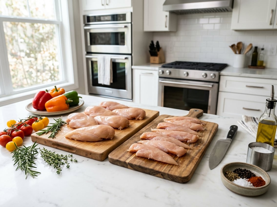 Fresh raw chicken breast and tenderloin on wooden cutting boards in a modern kitchen with herbs, spices, and vegetables nearby.