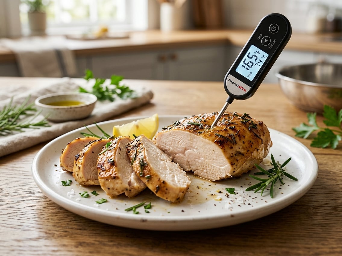 A sliced cooked chicken breast on a plate with a digital meat thermometer showing the internal temperature.