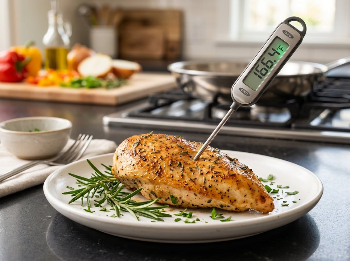 Close-up of a cooked chicken breast being checked with a digital food thermometer on a white plate with fresh herbs in a kitchen.