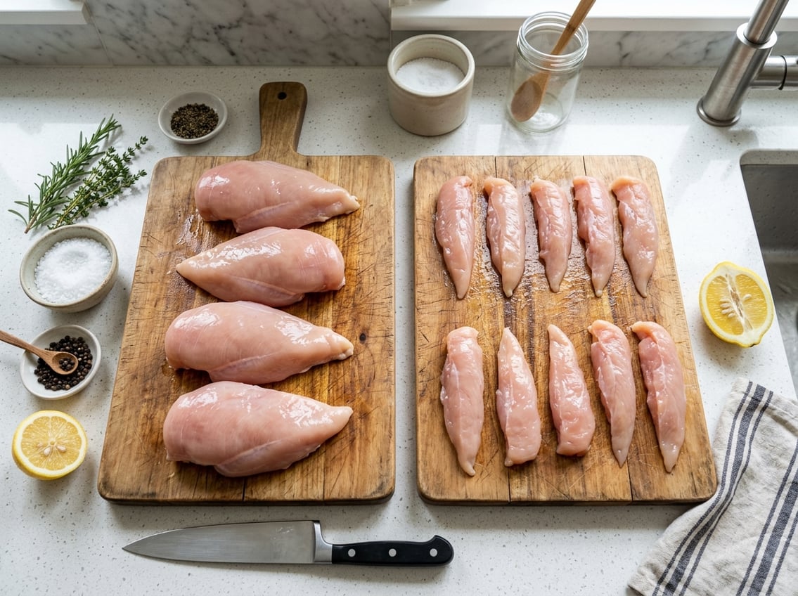 Top-down view of two wooden cutting boards with raw chicken breasts on one and raw chicken tenderloins on the other, surrounded by fresh herbs, lemon, salt, and a chef's knife on a kitchen countertop.