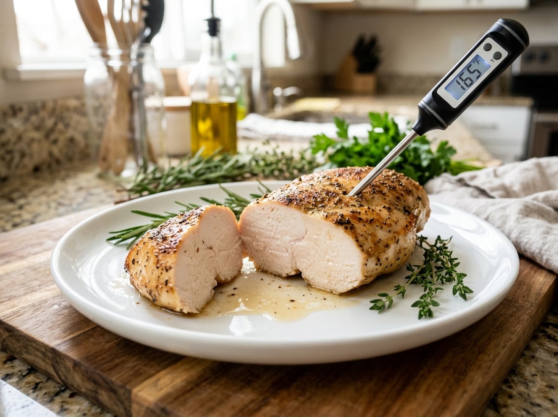 A sliced cooked chicken breast on a plate with a digital thermometer showing the internal temperature, surrounded by fresh herbs and kitchen tools.
