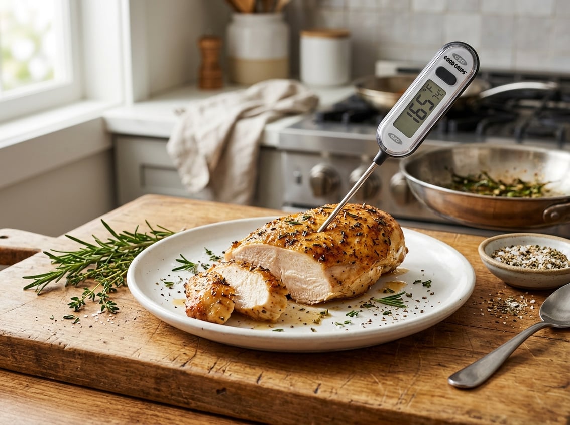 Close-up of a cooked chicken breast on a plate with a digital meat thermometer showing the internal temperature, surrounded by fresh herbs and kitchen tools.