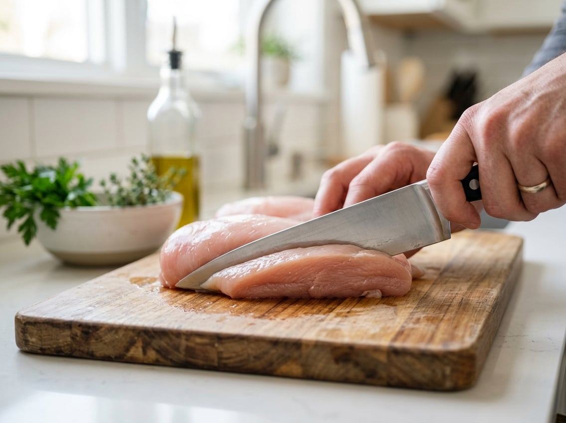 Close-up of a chicken breast being sliced with a knife on a wooden cutting board in a kitchen.