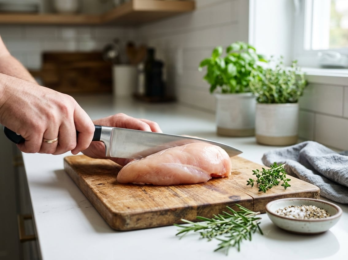 A raw chicken breast on a wooden cutting board with a chef's knife angled to show the correct way to cut, surrounded by fresh herbs and kitchen items on a countertop.