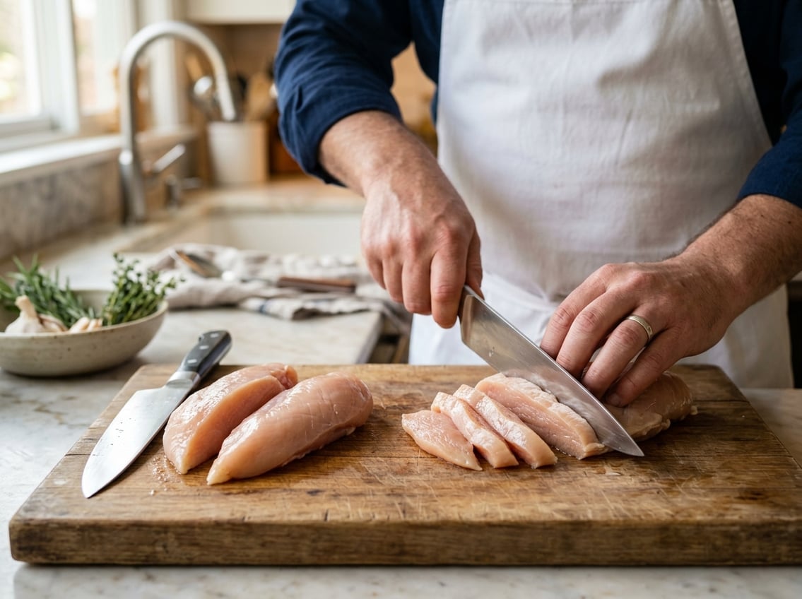 Close-up of a chicken breast being sliced two different ways on a cutting board by a person using a knife in a kitchen.