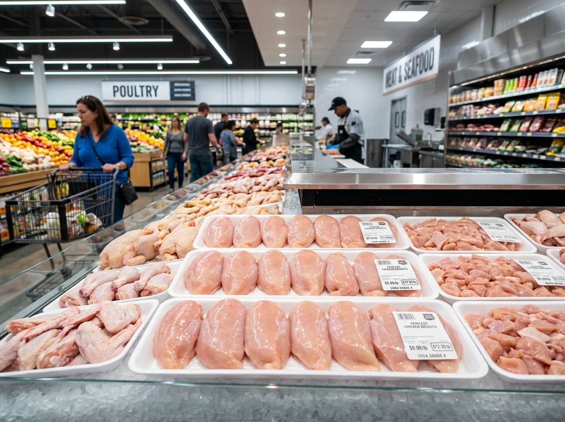 Fresh chicken breasts displayed on white trays in a bright supermarket meat section with shoppers in the background.