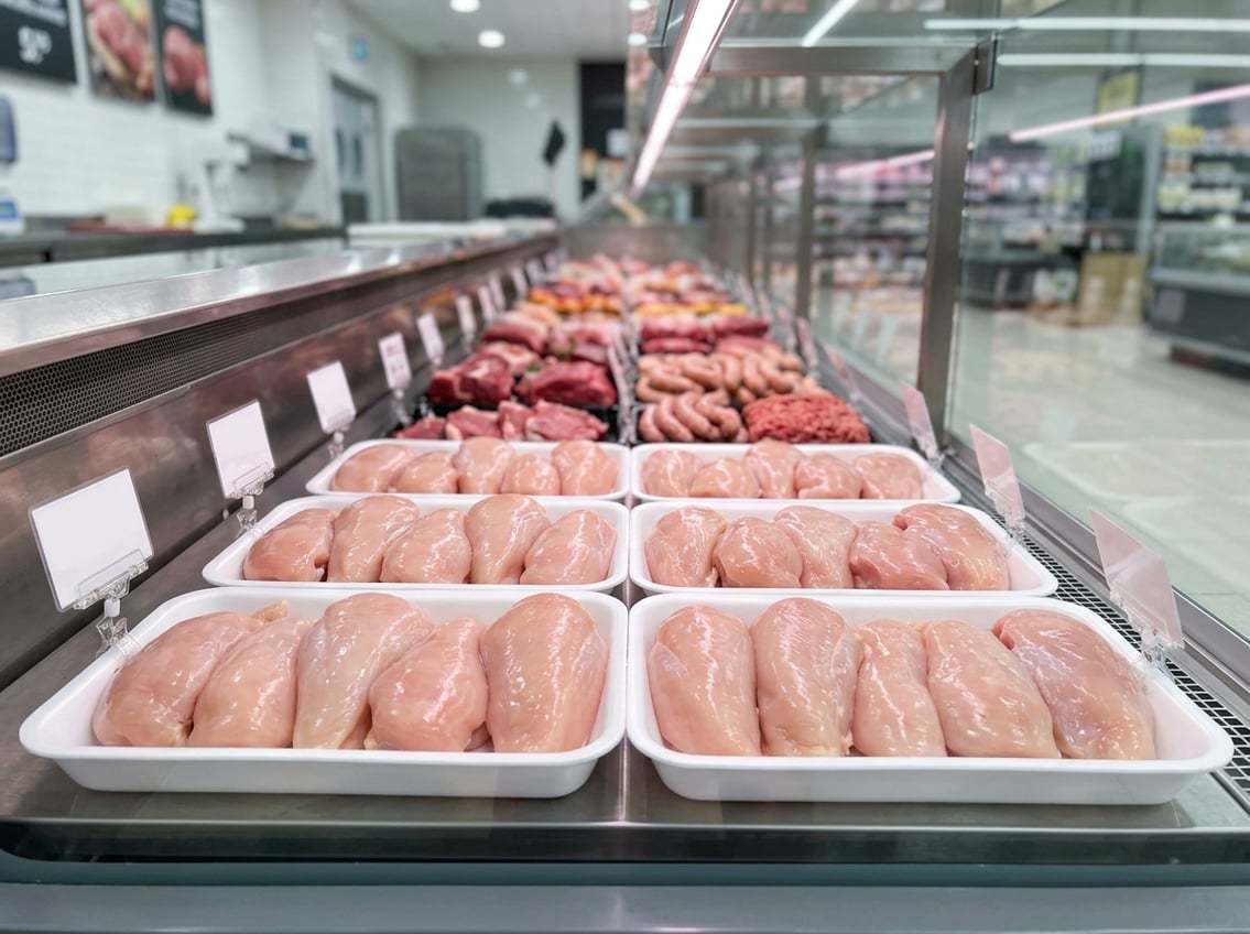 Fresh chicken breasts neatly arranged in a supermarket meat case with other meats visible in the background.