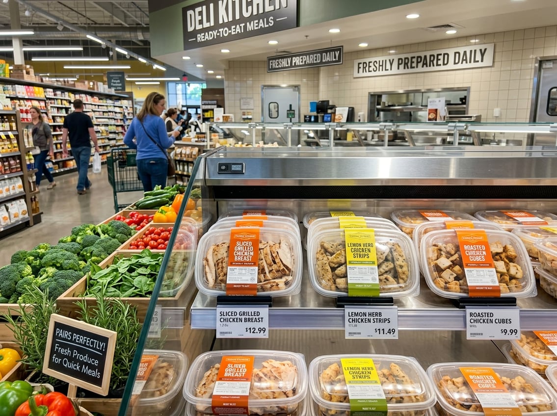 A grocery store deli section displaying packaged cooked chicken breast with fresh vegetables and shoppers in the background.