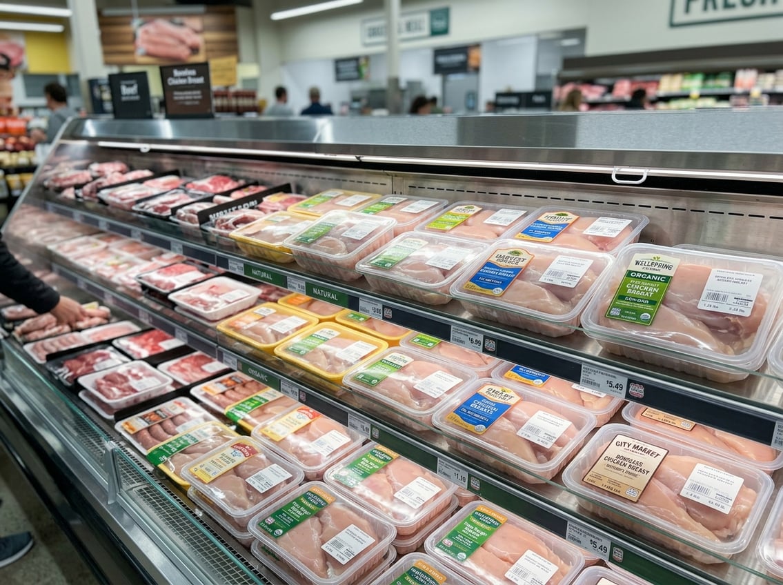 Supermarket fresh meat section with neatly packaged chicken breasts displayed on refrigerated shelves.