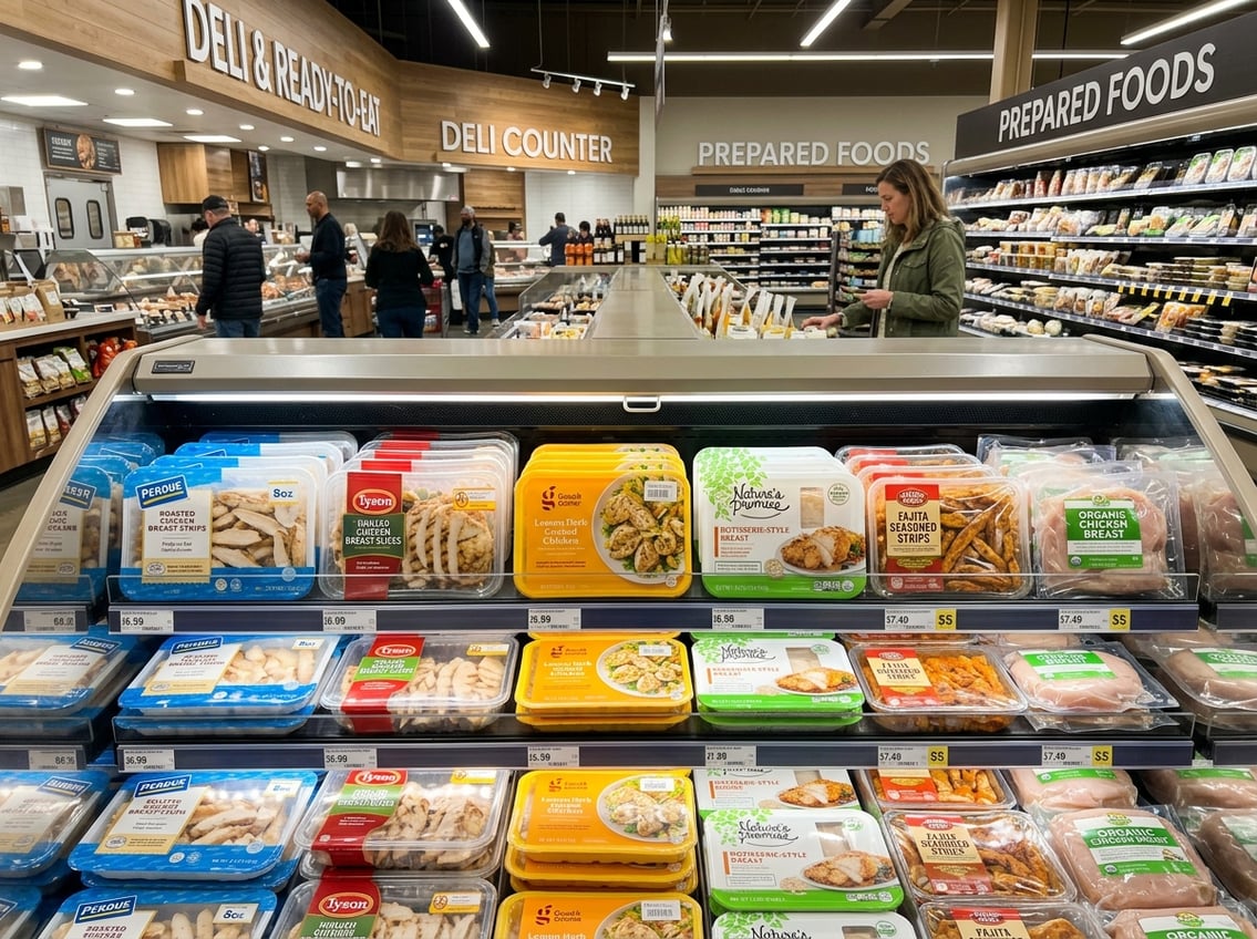 Cooked chicken breast products displayed on shelves in a grocery store with shoppers in the background.