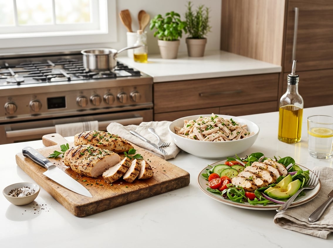 Cooked chicken breast dishes arranged on a kitchen countertop with fresh salad and herbs in the background.