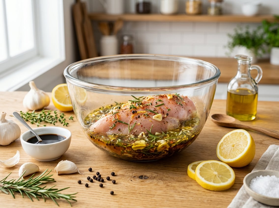 Raw chicken breast being marinated in a glass bowl with herbs, spices, and fresh ingredients on a kitchen countertop.