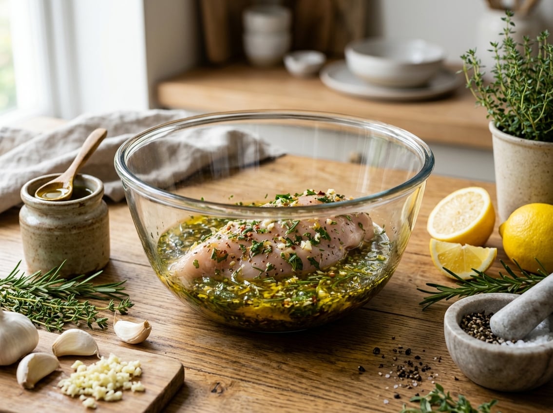 A raw chicken breast being marinated in a bowl surrounded by fresh herbs, garlic, lemon, and olive oil on a kitchen countertop.