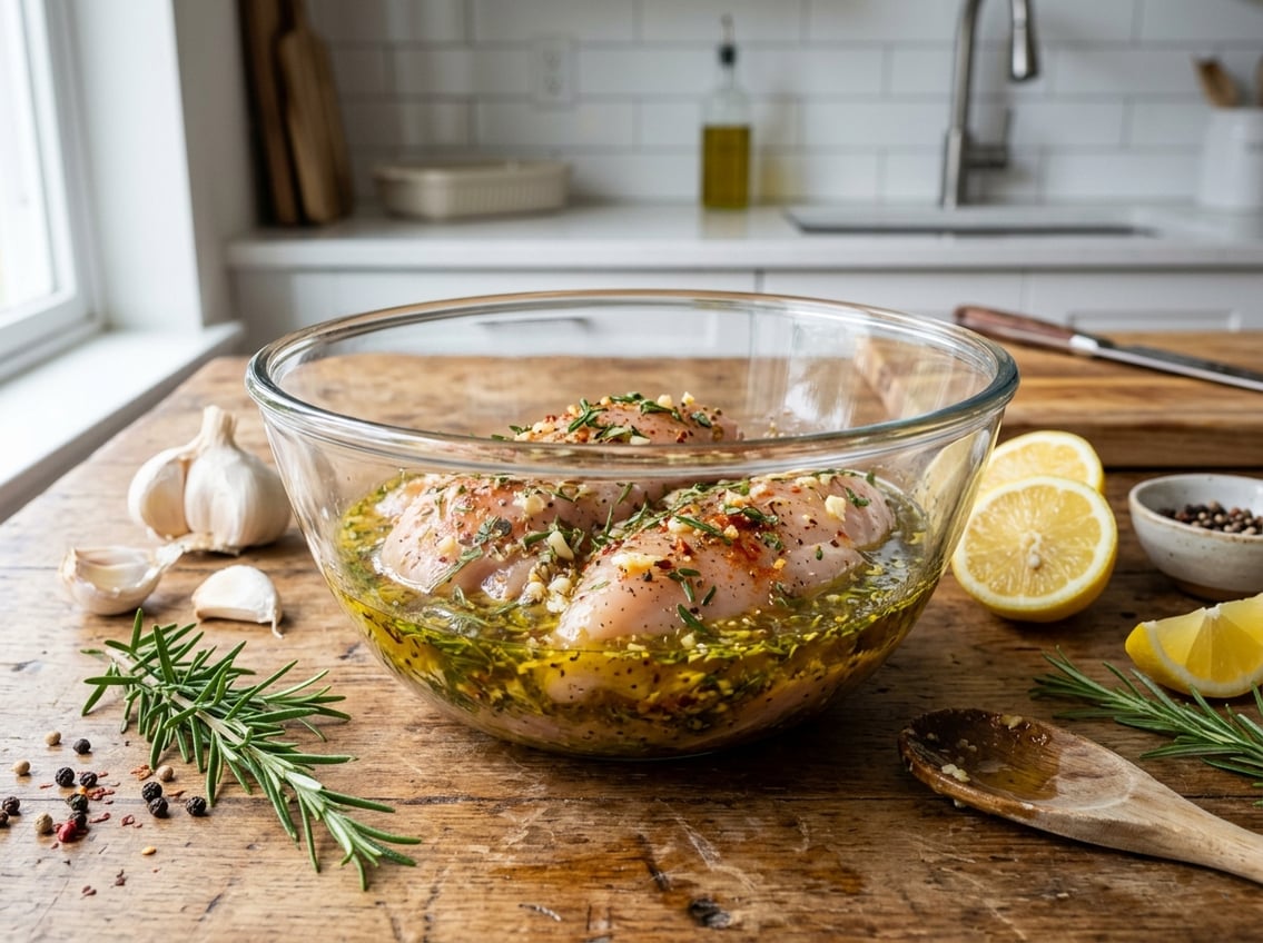 Raw chicken breasts marinating in a glass bowl with herbs and spices on a kitchen countertop surrounded by fresh ingredients.
