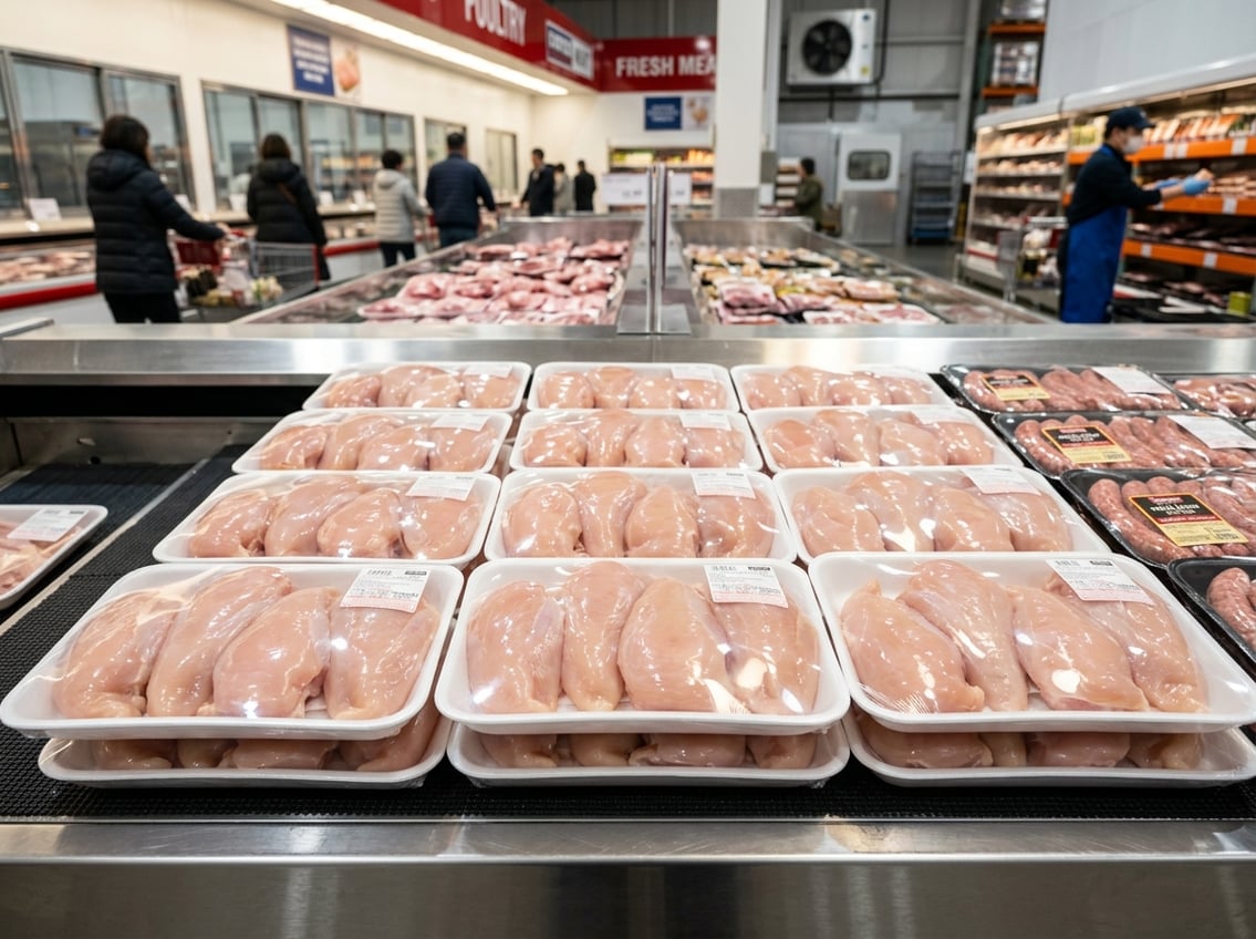 Fresh raw chicken breasts displayed on trays in a grocery store meat section.