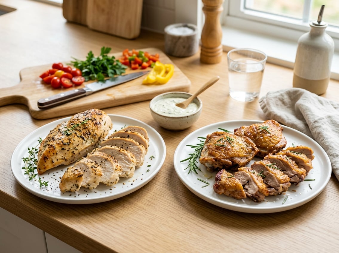 Two plates on a kitchen countertop, one with sliced chicken breast and the other with sliced chicken thigh, surrounded by fresh herbs and kitchen items.