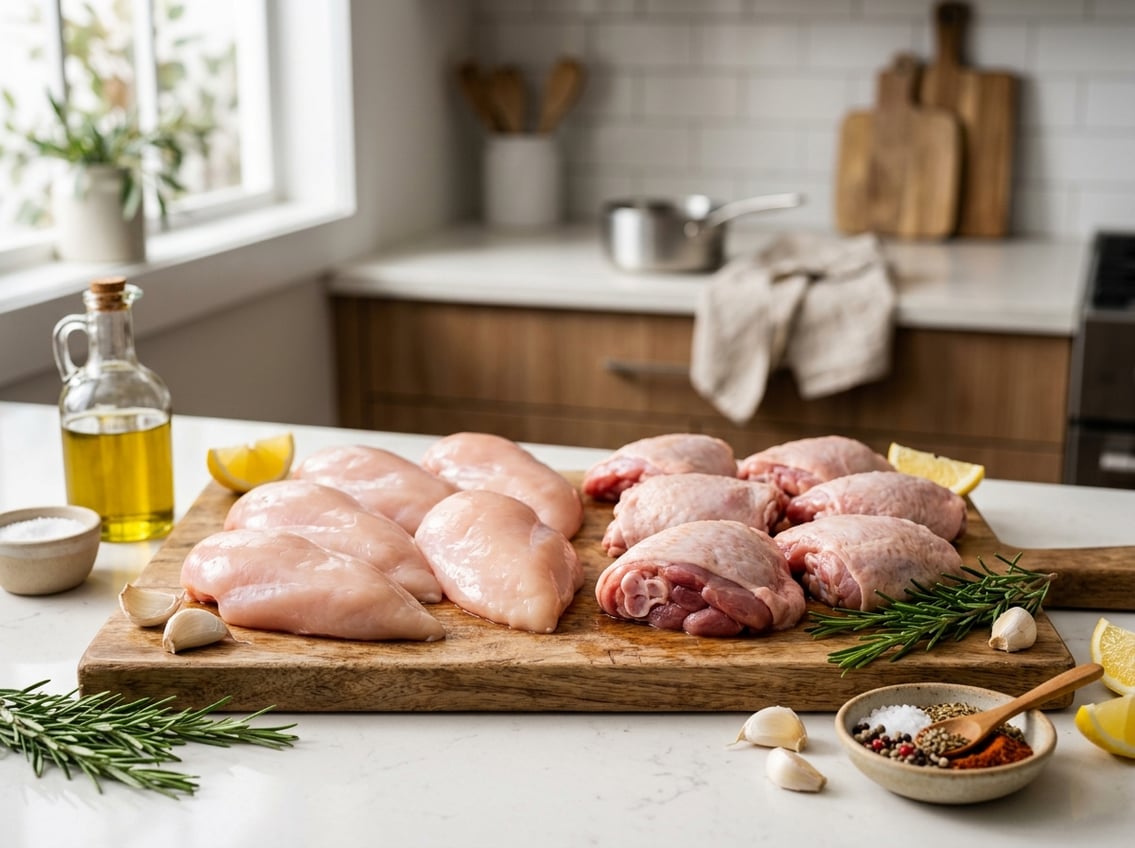 Raw chicken breasts and thighs arranged on a kitchen countertop with fresh herbs, garlic, lemon wedges, and spices nearby.
