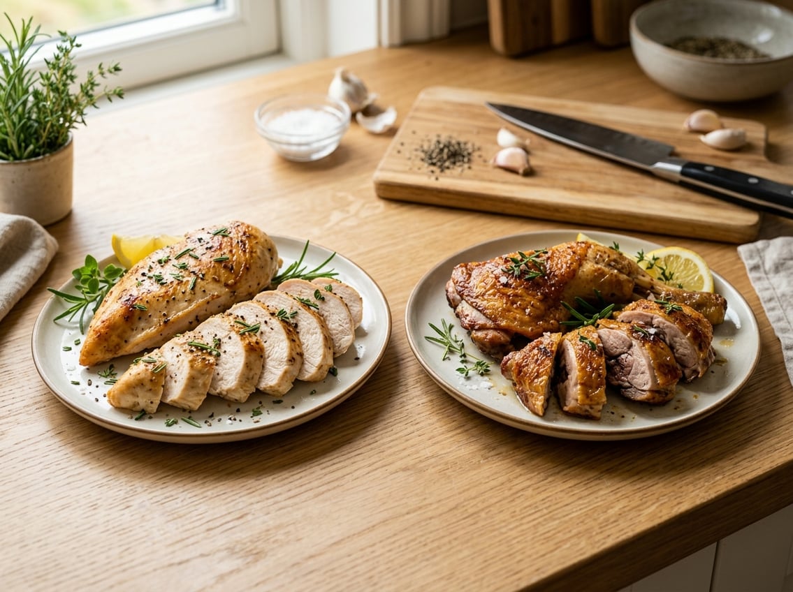 Two plates on a kitchen counter, one with sliced cooked chicken breast and the other with sliced cooked chicken thigh, surrounded by fresh herbs and cooking ingredients.