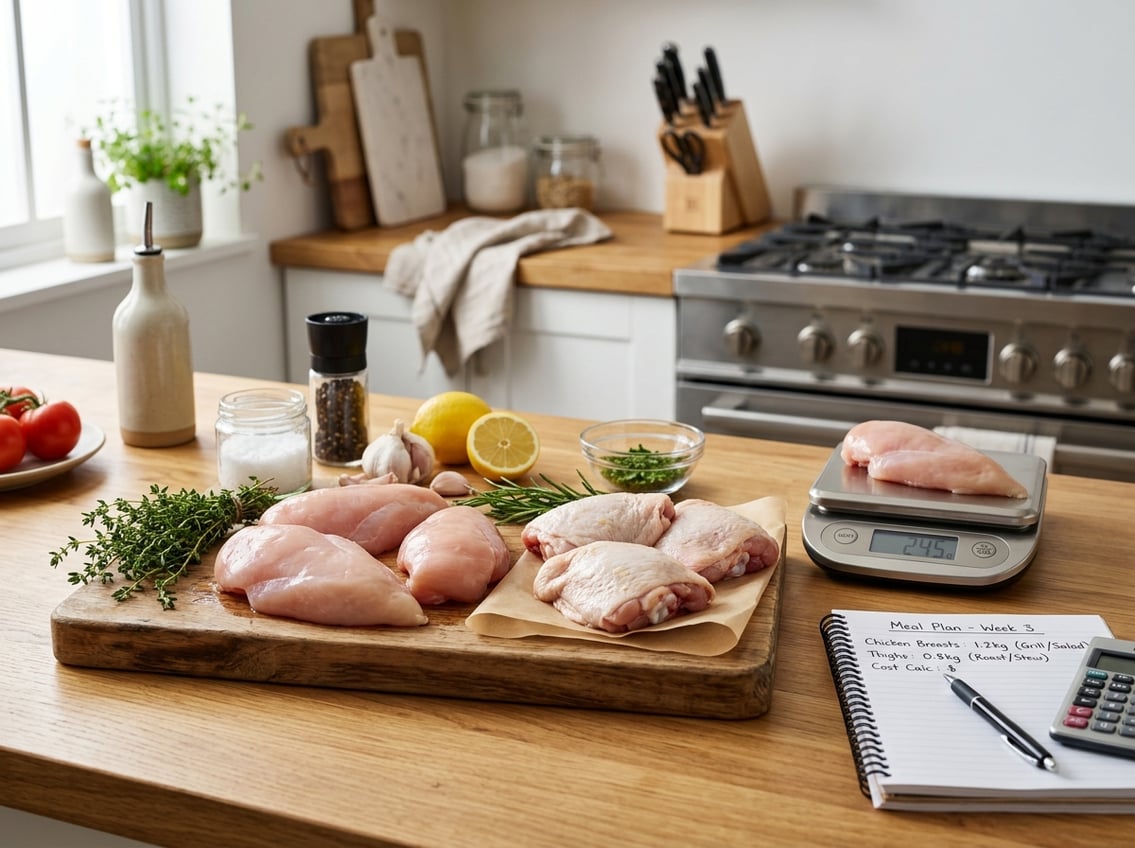 A kitchen countertop with raw chicken breasts and thighs, measuring scales, fresh herbs, and cooking tools arranged for meal preparation.