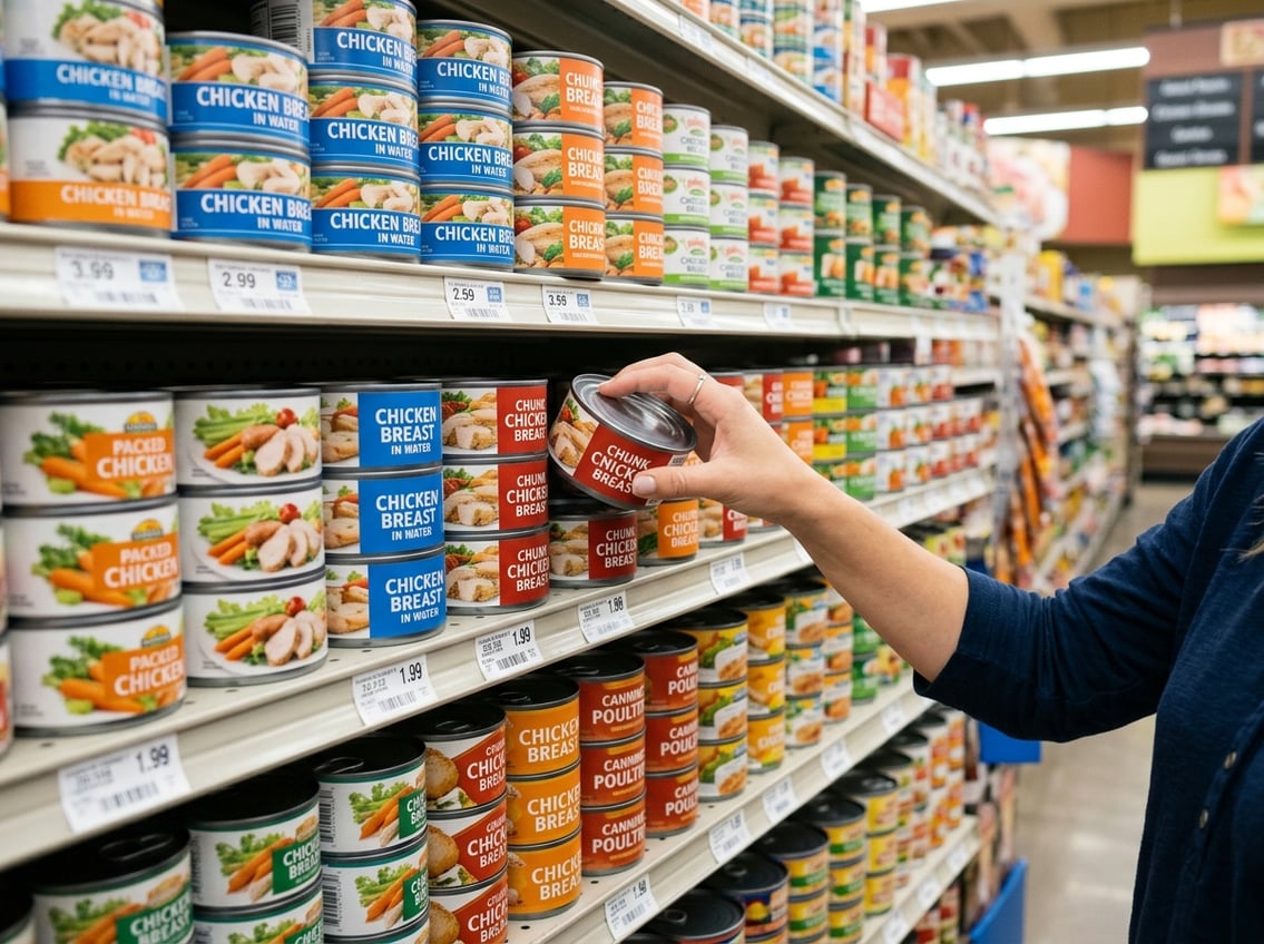 A grocery store shelf stocked with various cans of chicken breast, with a person's hand reaching to select one.